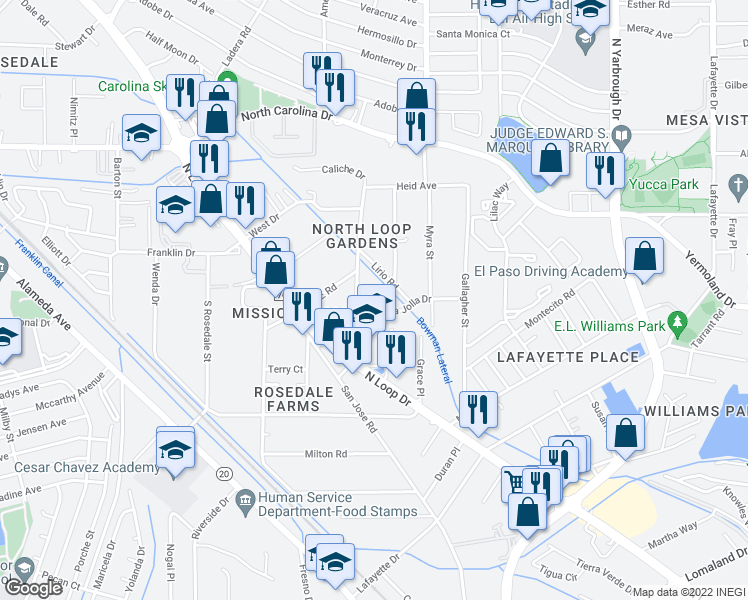 map of restaurants, bars, coffee shops, grocery stores, and more near 7917 La Jolla Drive in El Paso