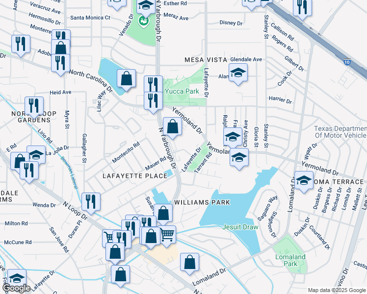 map of restaurants, bars, coffee shops, grocery stores, and more near 544 North Yarbrough Drive in El Paso
