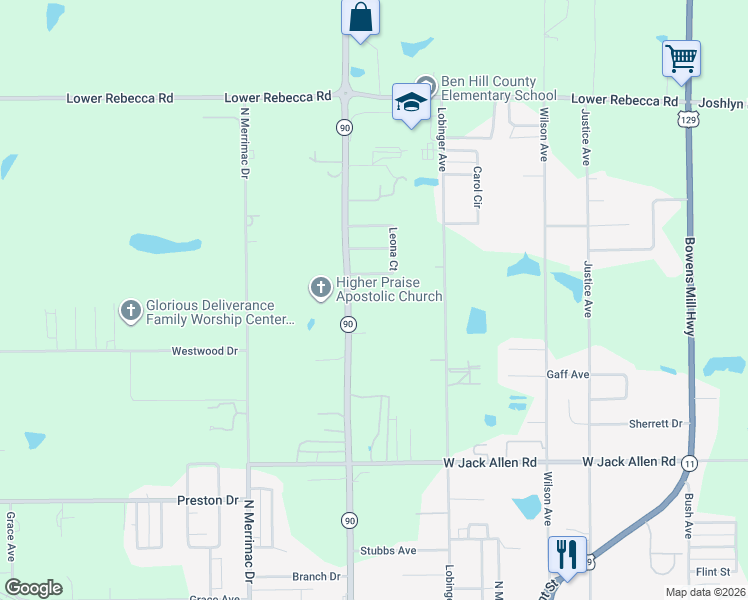 map of restaurants, bars, coffee shops, grocery stores, and more near 242 Dewey McGlamry Road in Fitzgerald