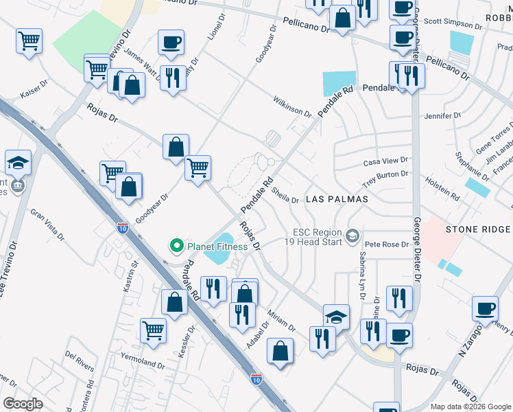 map of restaurants, bars, coffee shops, grocery stores, and more near 11600 Sheila Drive in El Paso
