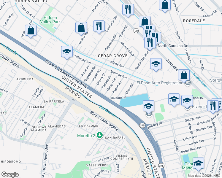 map of restaurants, bars, coffee shops, grocery stores, and more near 216 Mango Road in El Paso