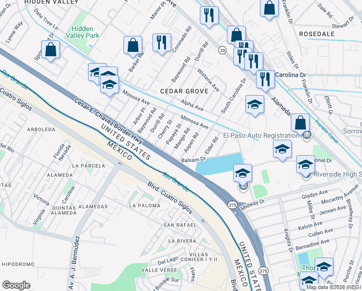 map of restaurants, bars, coffee shops, grocery stores, and more near 216 Mango Road in El Paso
