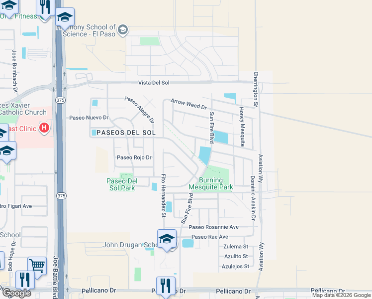 map of restaurants, bars, coffee shops, grocery stores, and more near 12541 Paseo Lindo Drive in El Paso
