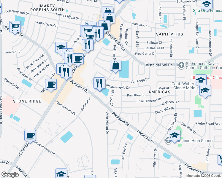 map of restaurants, bars, coffee shops, grocery stores, and more near 1537 El Greco Circle in El Paso