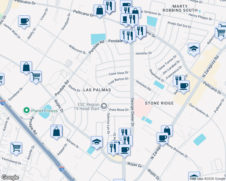 map of restaurants, bars, coffee shops, grocery stores, and more near 11700 Fred Perry Drive in El Paso