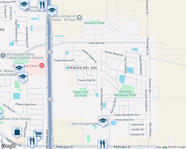map of restaurants, bars, coffee shops, grocery stores, and more near 1468 Paseo De Flor Street in El Paso