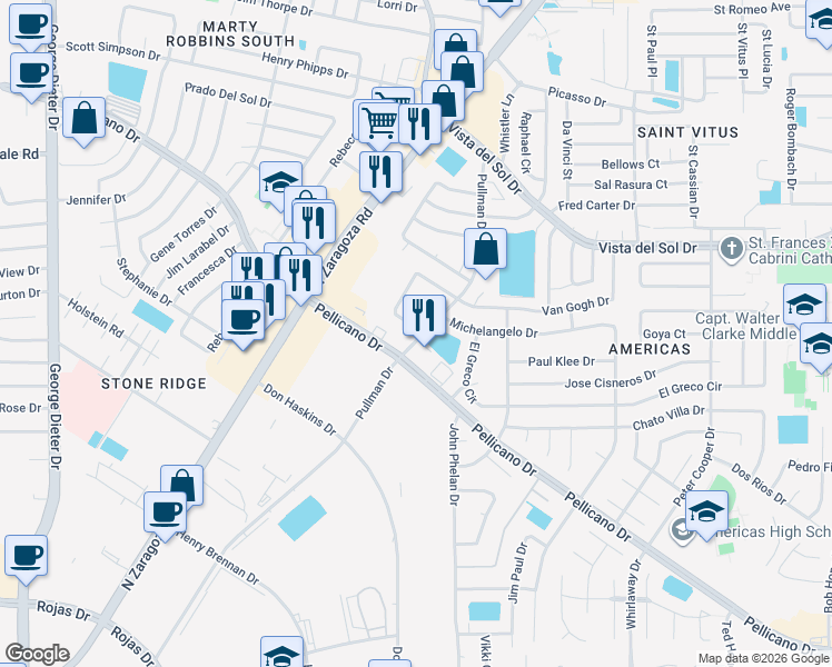 map of restaurants, bars, coffee shops, grocery stores, and more near 12000 Michelangelo Drive in El Paso
