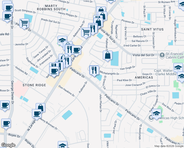 map of restaurants, bars, coffee shops, grocery stores, and more near 12000 Michelangelo Drive in El Paso