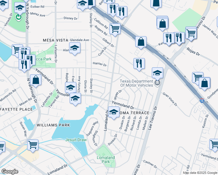 map of restaurants, bars, coffee shops, grocery stores, and more near 1029 Lomaland Drive in El Paso