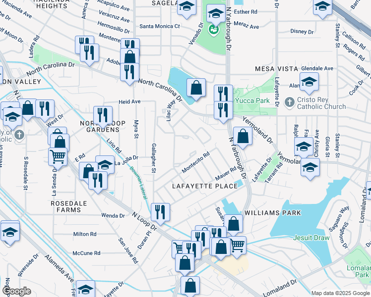 map of restaurants, bars, coffee shops, grocery stores, and more near 7760 Lilac Way in El Paso