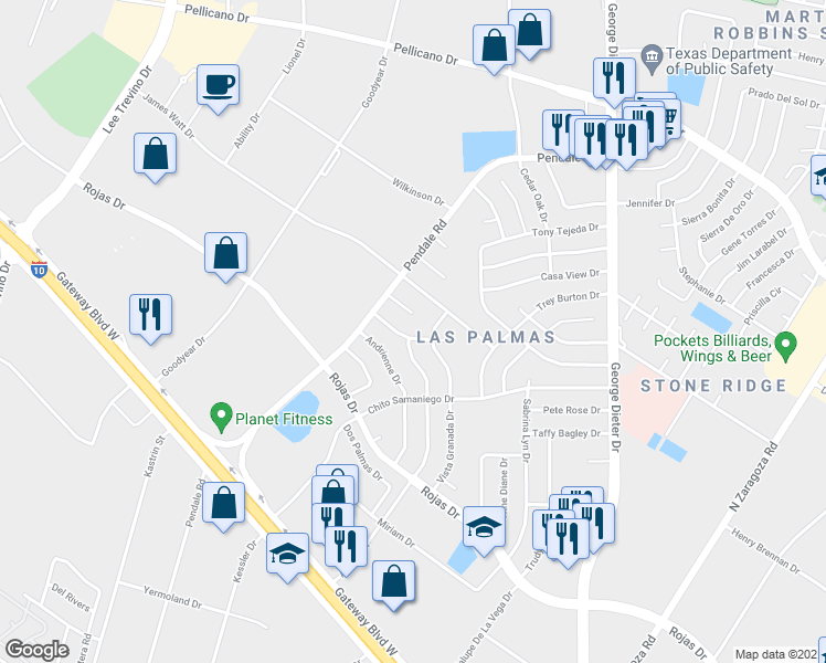 map of restaurants, bars, coffee shops, grocery stores, and more near 11625 Sheila Drive in El Paso