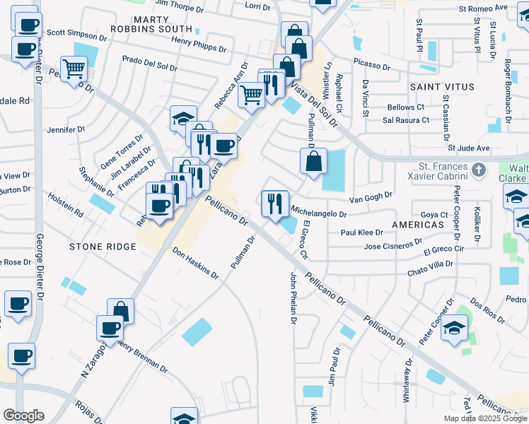 map of restaurants, bars, coffee shops, grocery stores, and more near 11905 Van Gogh Drive in El Paso