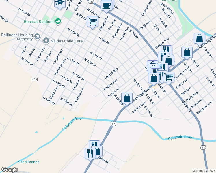 map of restaurants, bars, coffee shops, grocery stores, and more near 304 North 13th Street in Ballinger