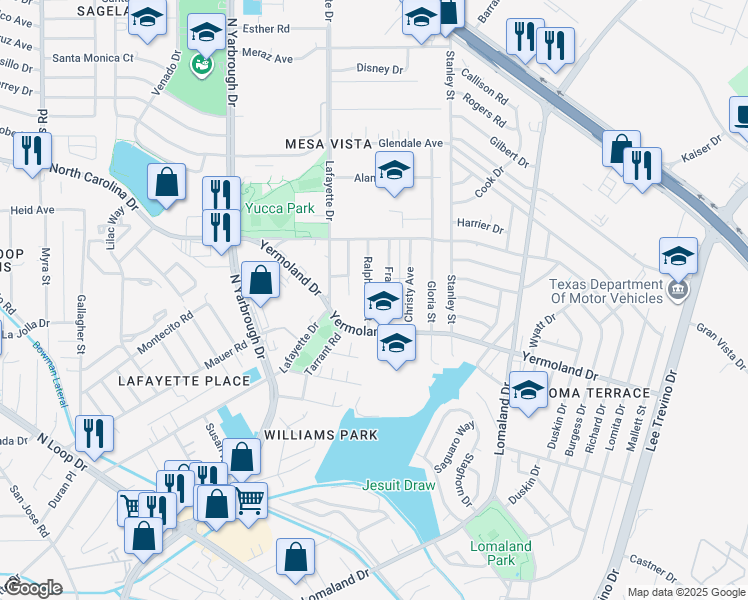 map of restaurants, bars, coffee shops, grocery stores, and more near 1028 Ralpheene Street in El Paso