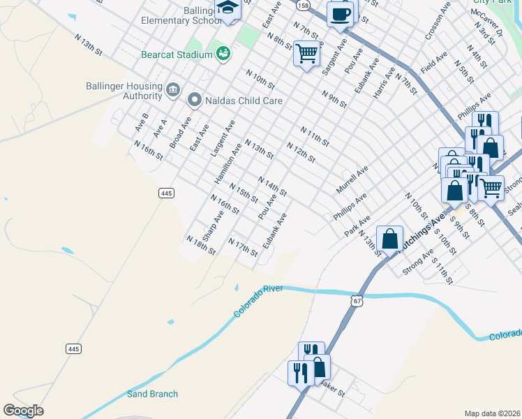 map of restaurants, bars, coffee shops, grocery stores, and more near 701 North 15th Street in Ballinger