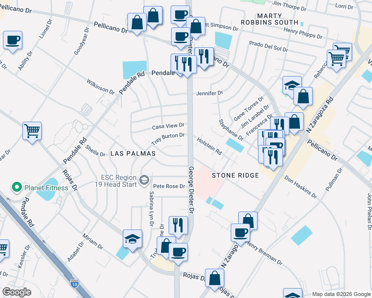 map of restaurants, bars, coffee shops, grocery stores, and more near 11732 Chiquis Lane in El Paso