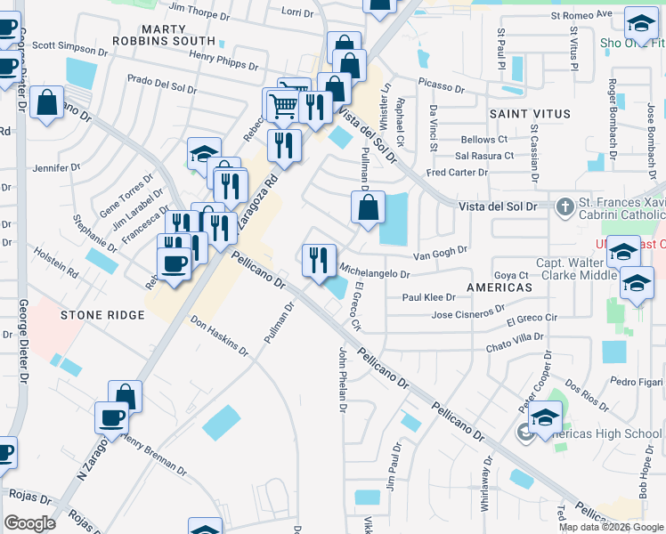map of restaurants, bars, coffee shops, grocery stores, and more near 12000 Michelangelo Drive in El Paso
