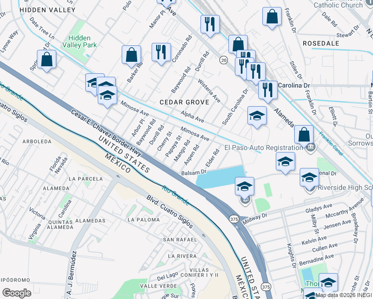 map of restaurants, bars, coffee shops, grocery stores, and more near 216 Mango Rd in El Paso