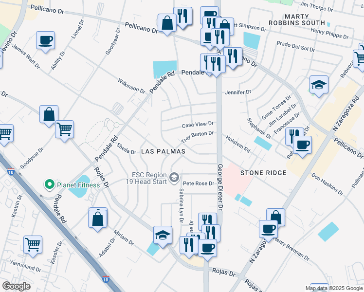 map of restaurants, bars, coffee shops, grocery stores, and more near 11700 Fred Perry Drive in El Paso