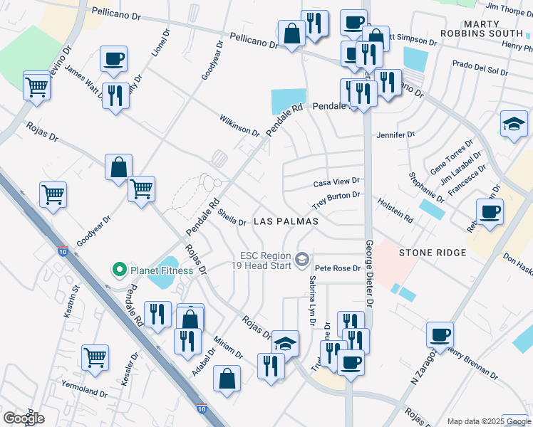 map of restaurants, bars, coffee shops, grocery stores, and more near 11636 James Watt Drive in El Paso