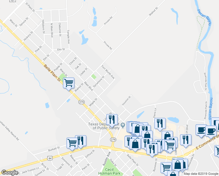 map of restaurants, bars, coffee shops, grocery stores, and more near 616 Maple Street in Brownwood