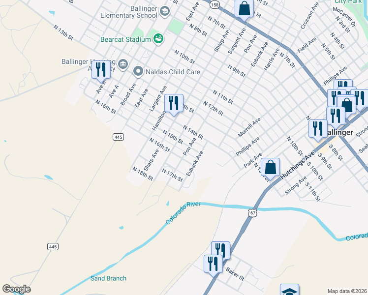 map of restaurants, bars, coffee shops, grocery stores, and more near 701 North 15th Street in Ballinger