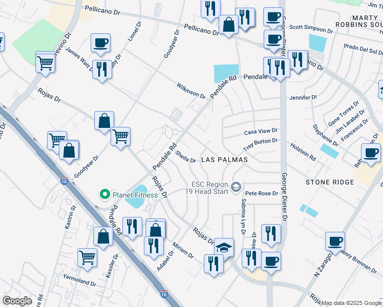map of restaurants, bars, coffee shops, grocery stores, and more near 11625 Sheila Drive in El Paso