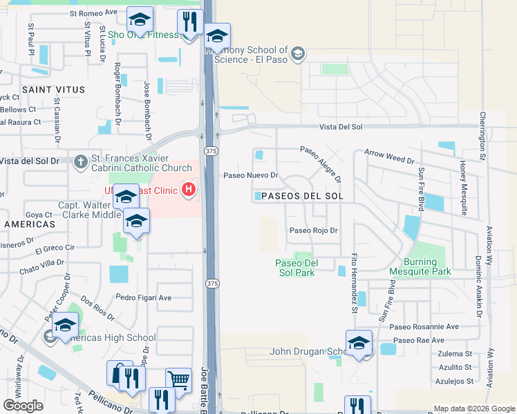 map of restaurants, bars, coffee shops, grocery stores, and more near 12374 Paseo Lindo Drive in El Paso