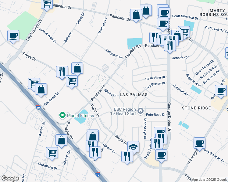 map of restaurants, bars, coffee shops, grocery stores, and more near 11625 Sheila Drive in El Paso