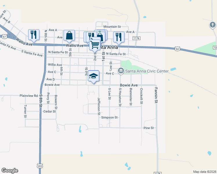 map of restaurants, bars, coffee shops, grocery stores, and more near 503 South Lee Street in Santa Anna