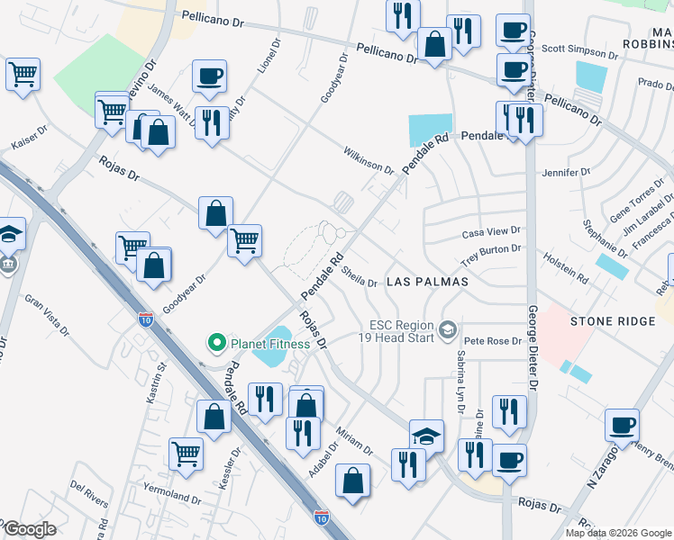 map of restaurants, bars, coffee shops, grocery stores, and more near 11600 Sheila Drive in El Paso