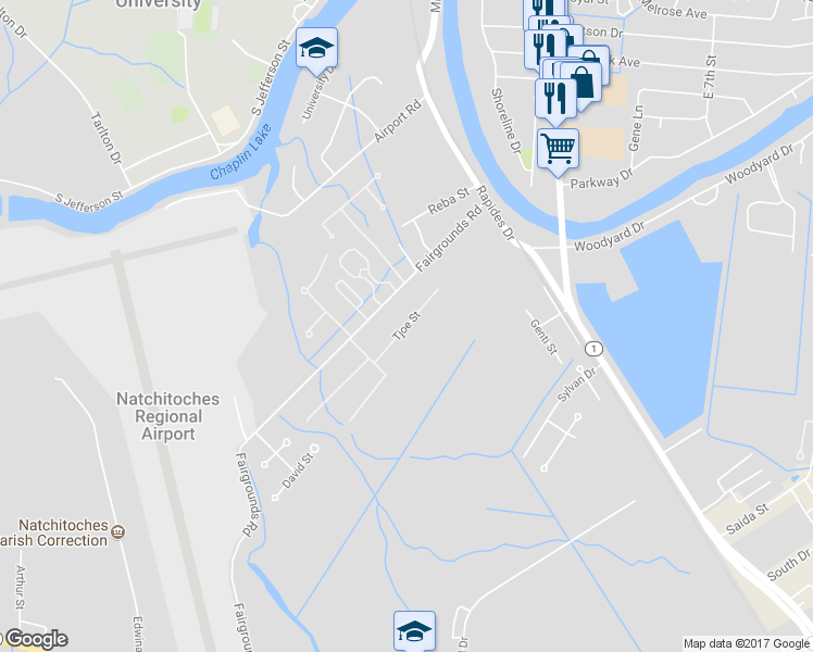 map of restaurants, bars, coffee shops, grocery stores, and more near Tjoe Street in Natchitoches