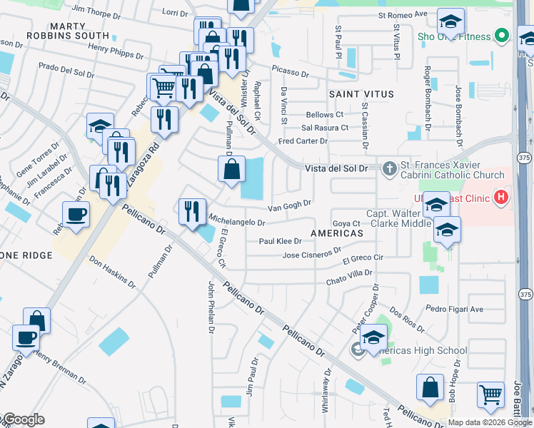 map of restaurants, bars, coffee shops, grocery stores, and more near 12045 Michelangelo Drive in El Paso