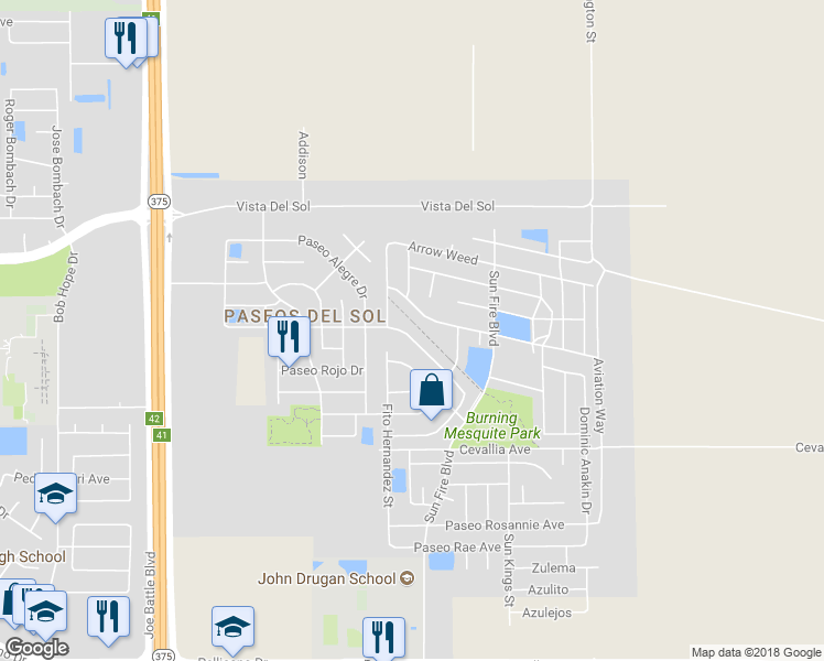map of restaurants, bars, coffee shops, grocery stores, and more near 12527 Paseo Lindo Drive in El Paso