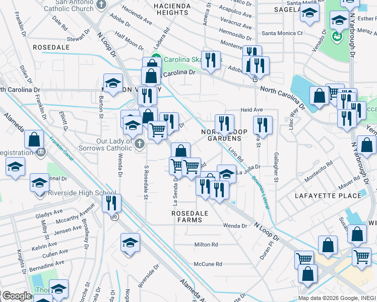map of restaurants, bars, coffee shops, grocery stores, and more near 518 Center Way in El Paso