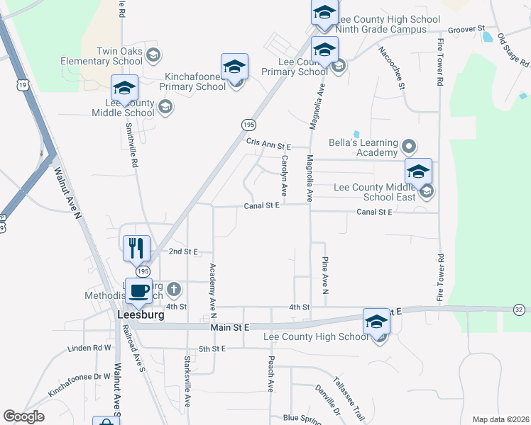 map of restaurants, bars, coffee shops, grocery stores, and more near 147 Canal Street East in Leesburg