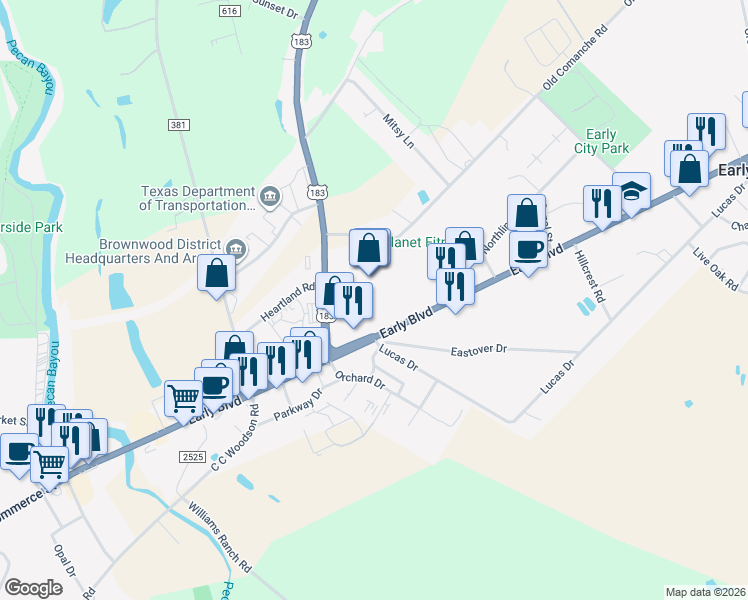 map of restaurants, bars, coffee shops, grocery stores, and more near 300 Early Boulevard in Early