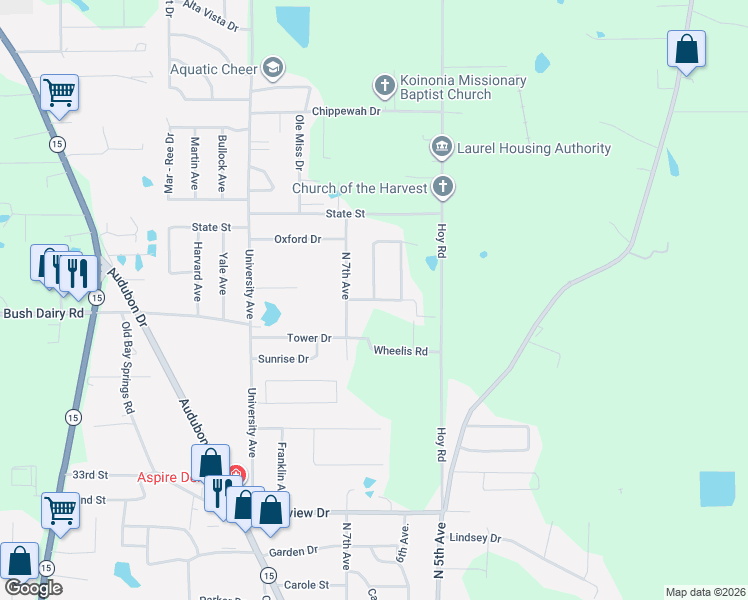 map of restaurants, bars, coffee shops, grocery stores, and more near 1 Heatherwood Drive in Laurel
