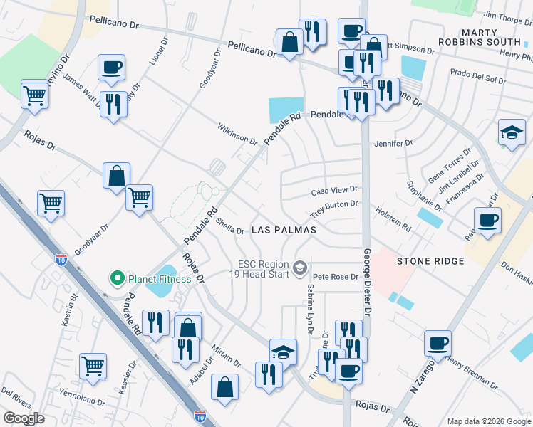 map of restaurants, bars, coffee shops, grocery stores, and more near 11636 James Watt Drive in El Paso