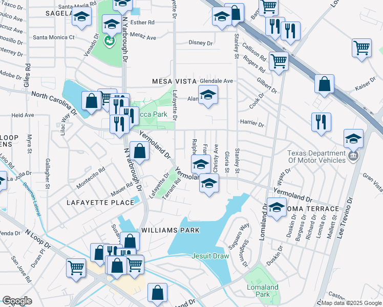 map of restaurants, bars, coffee shops, grocery stores, and more near 1028 Ralpheene Street in El Paso