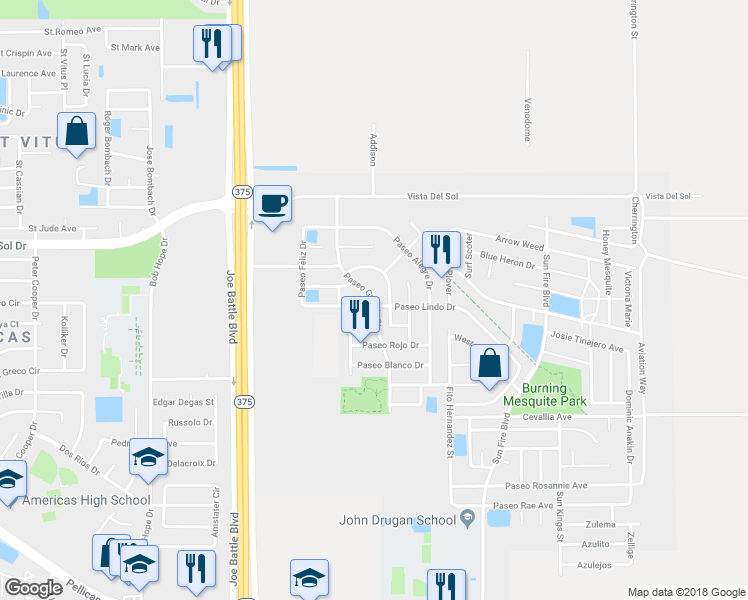 map of restaurants, bars, coffee shops, grocery stores, and more near Paseo Grande Street in El Paso