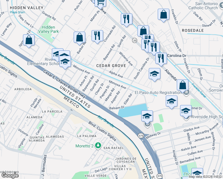 map of restaurants, bars, coffee shops, grocery stores, and more near 218 Mango Road in El Paso
