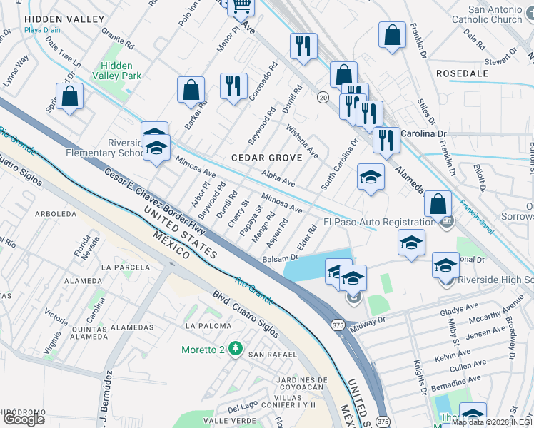 map of restaurants, bars, coffee shops, grocery stores, and more near 216 Mango Road in El Paso