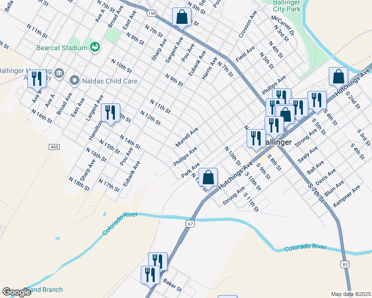 map of restaurants, bars, coffee shops, grocery stores, and more near 304 North 13th Street in Ballinger