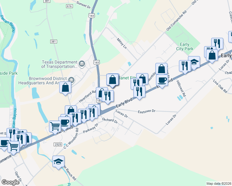 map of restaurants, bars, coffee shops, grocery stores, and more near 300 Early Boulevard in Early