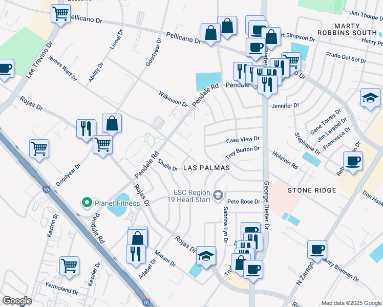 map of restaurants, bars, coffee shops, grocery stores, and more near 11636 James Watt Drive in El Paso