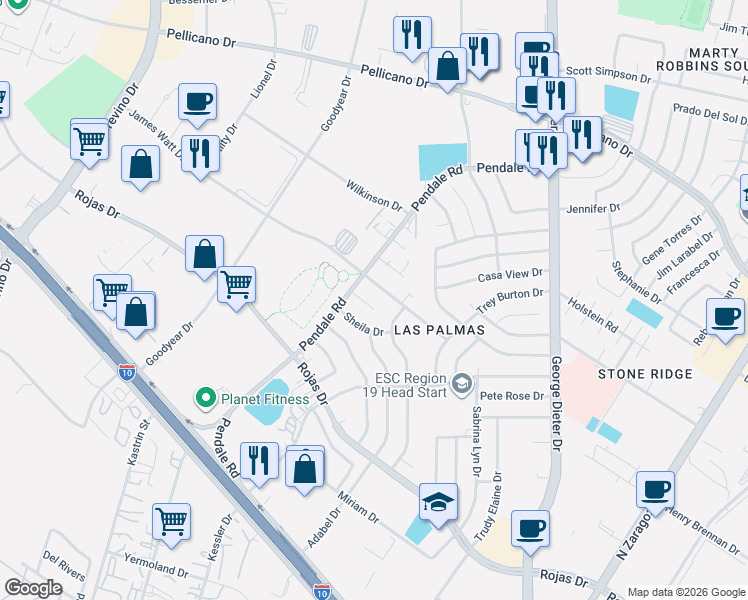 map of restaurants, bars, coffee shops, grocery stores, and more near 11602 James Watt Drive in El Paso