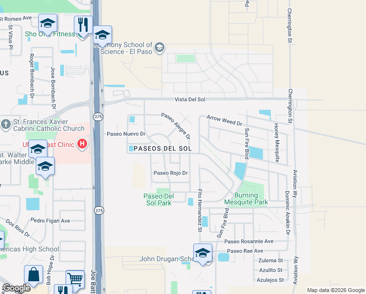 map of restaurants, bars, coffee shops, grocery stores, and more near 1496 Paseo De Flor Street in El Paso