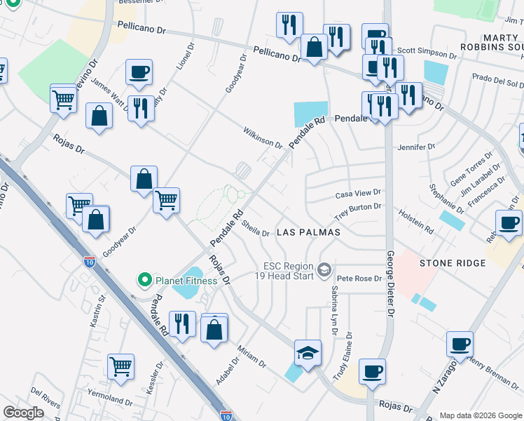 map of restaurants, bars, coffee shops, grocery stores, and more near 11602 James Watt Drive in El Paso