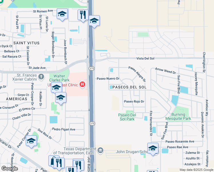 map of restaurants, bars, coffee shops, grocery stores, and more near 1531 Paseo Feliz Drive in El Paso